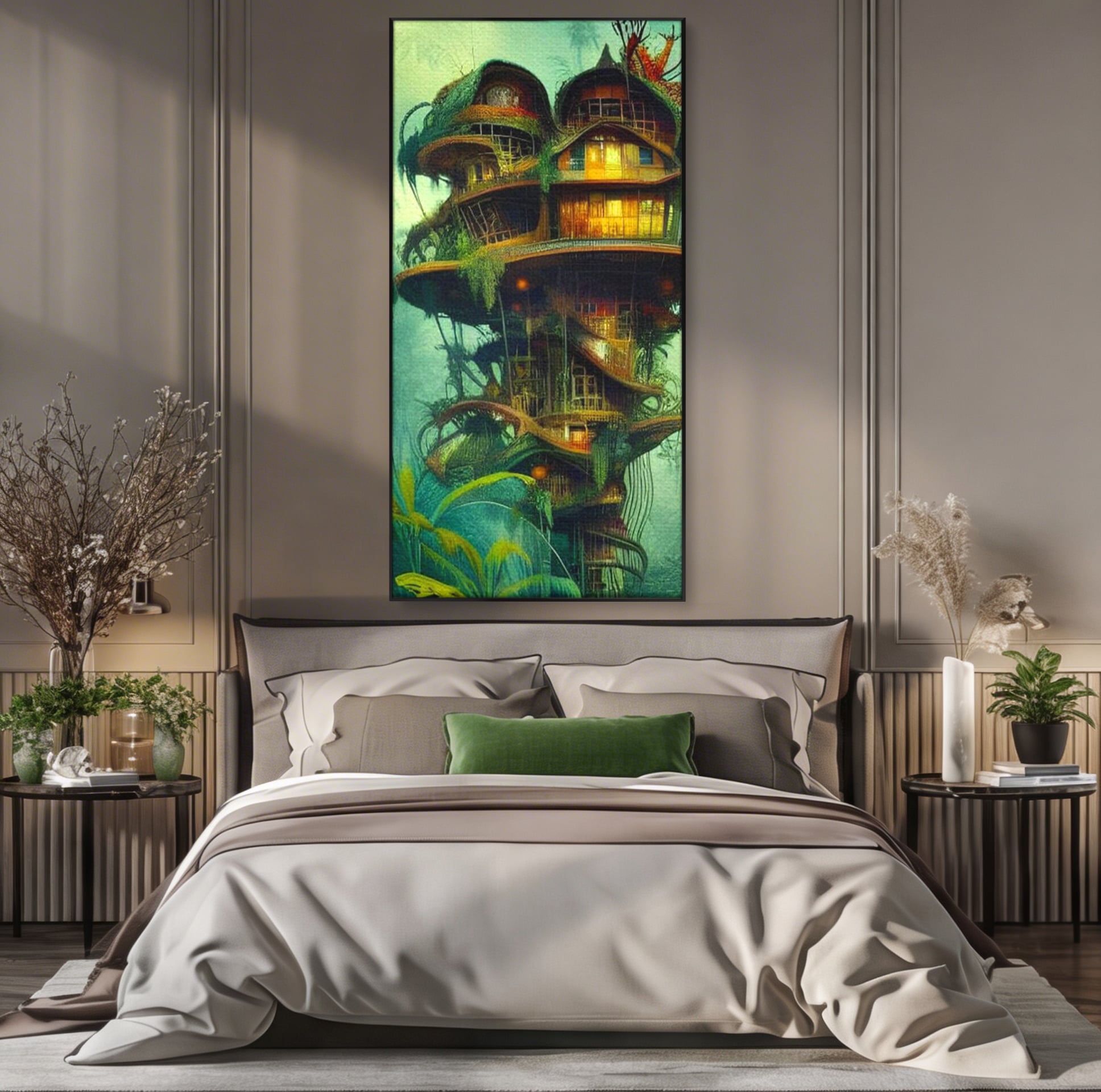 Tablou canvas cu ilustratie digitala cu turn in copac, in rama de aluminiu negru, pe perete intr-un dormitor